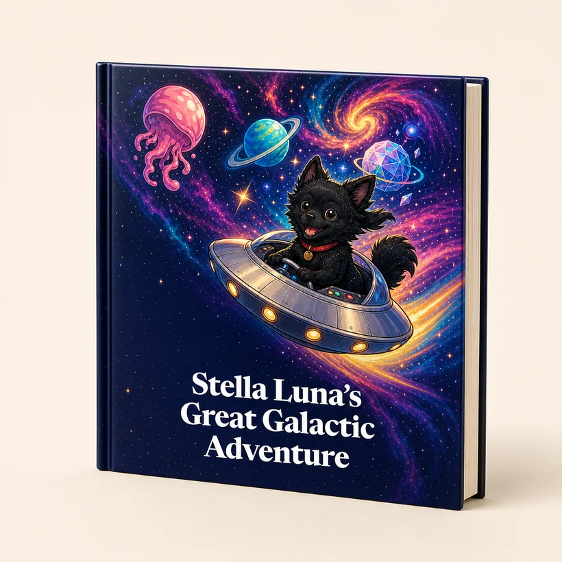 A printed hardcover copy of Stella Luna's Great Galactic Adventure
